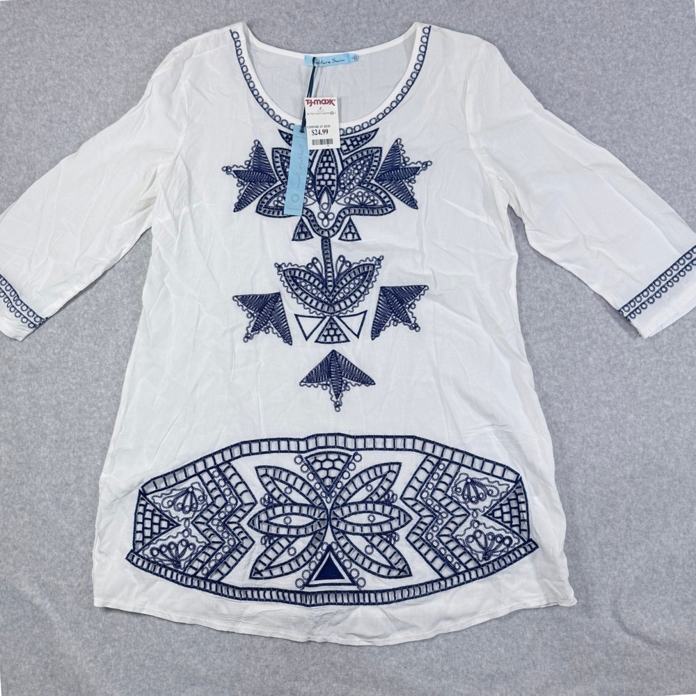 Solitaire Swim Tunic Cover Up Womens Large White Navy Embroidered Eyelet Boho